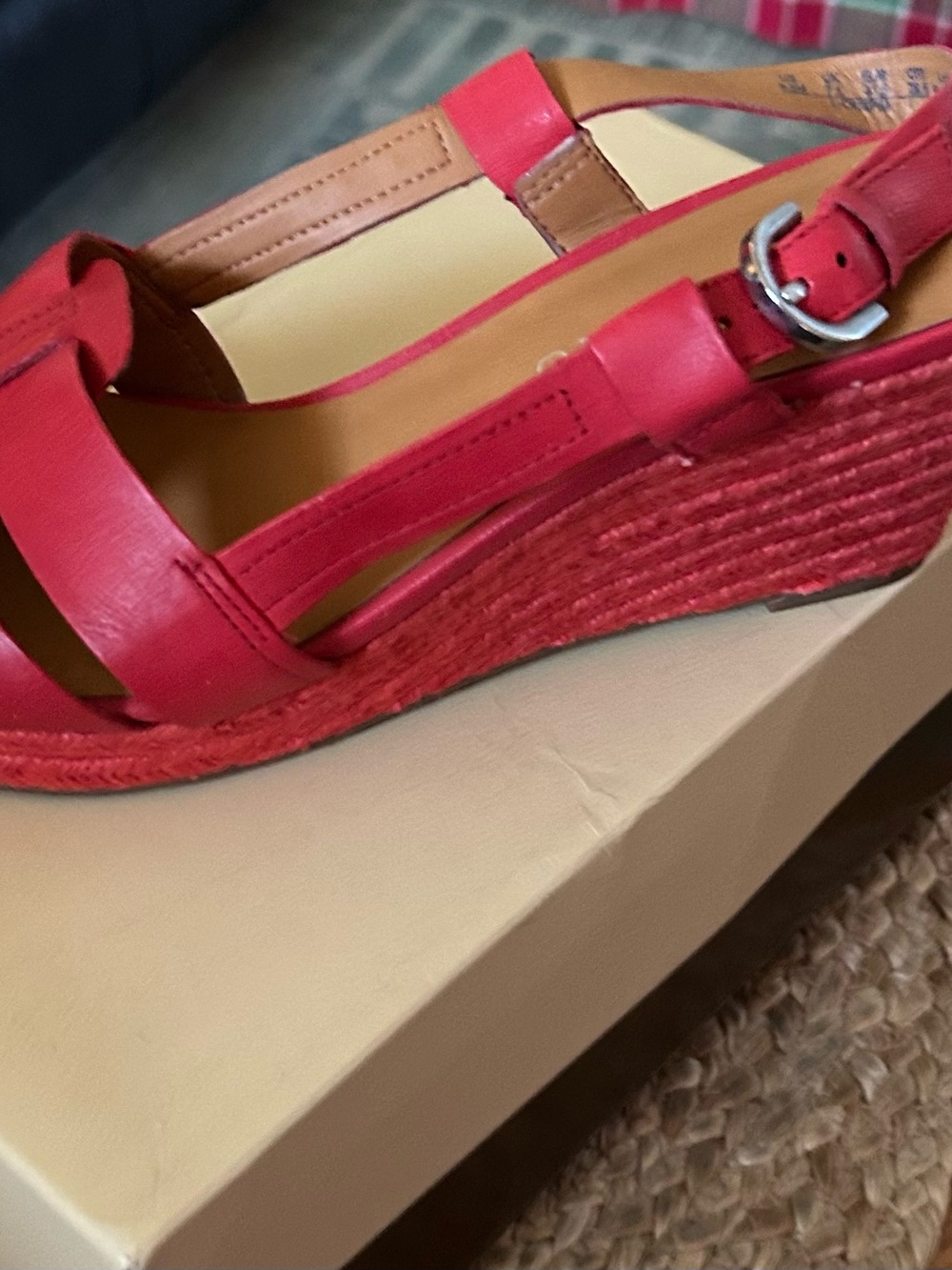 Franco Sarto Coral-Red Leather Espadrille Wedge Sandals